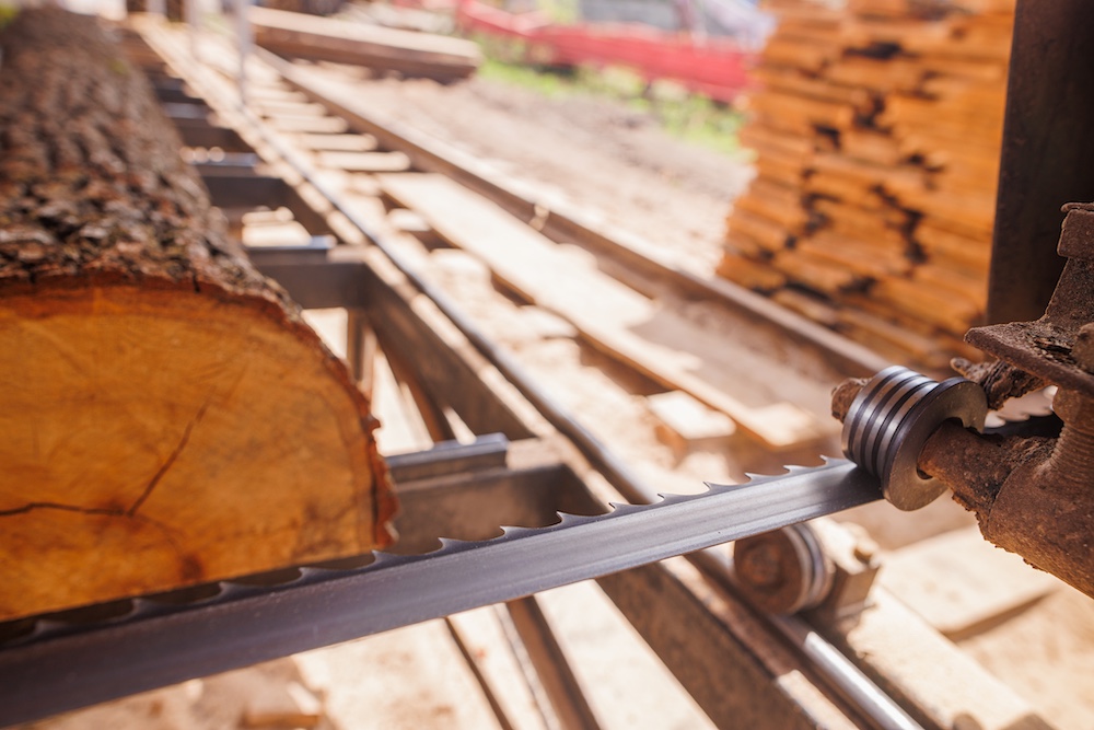 A close-up view of a sawmill with a large log being cut by a band saw. The saw blade is in focus, showing the cutting mechanism, while the log and sawmill environment are blurred in the background.